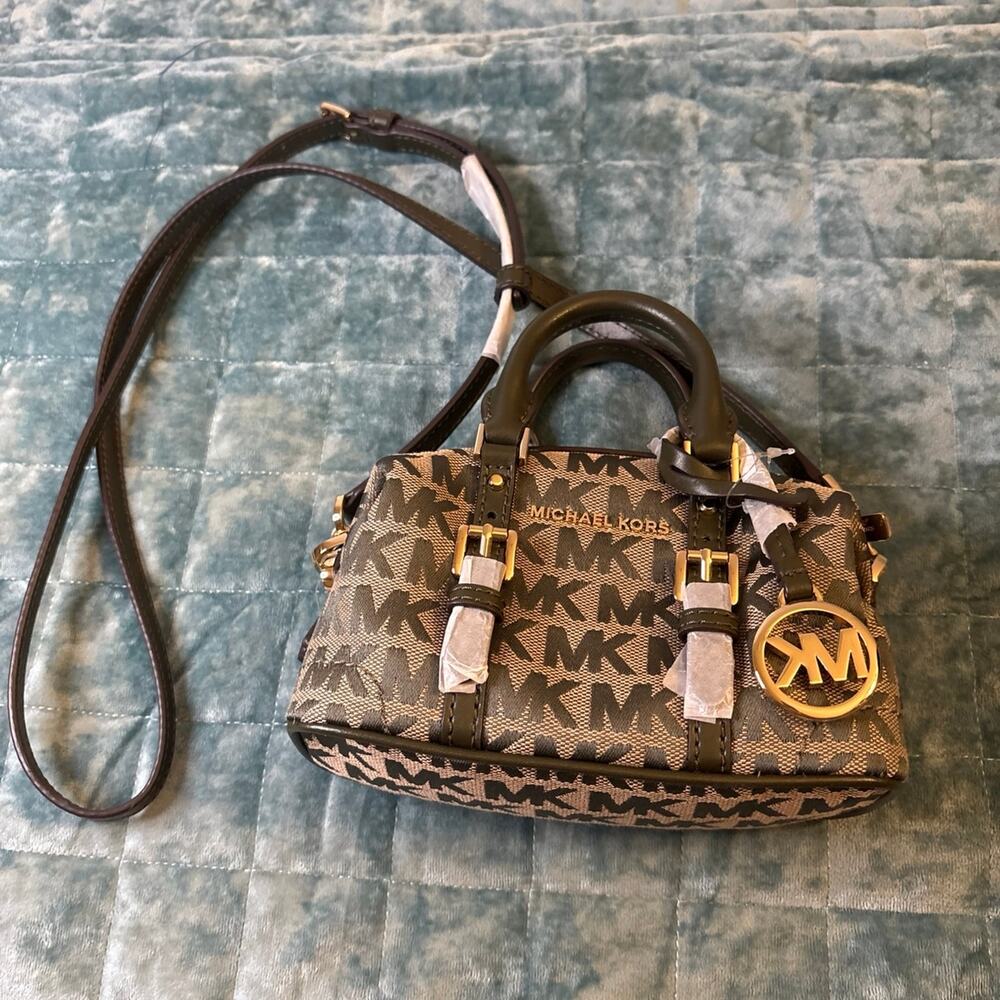 Michael Kors Ginger Mini Duffle Beige Green Canvas Gold XS Crossbody NWT